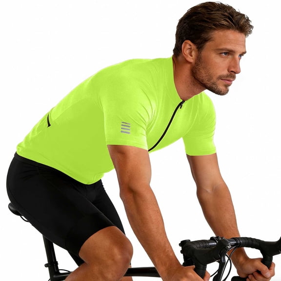 Ceisia Men's Short Sleeve Performance Cycling Jersey Solid Color Stand Collar with Zipper Stretch Breathable Outdoor Sports Top Gifts for Father Green M