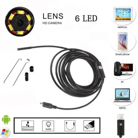 7mm USB/Micro Endoscope 10M Ximandi 10M Inspection CMOS HD Waterproof Borescope Camera Snake Camera with 6 Adjustable Led Lights,Black