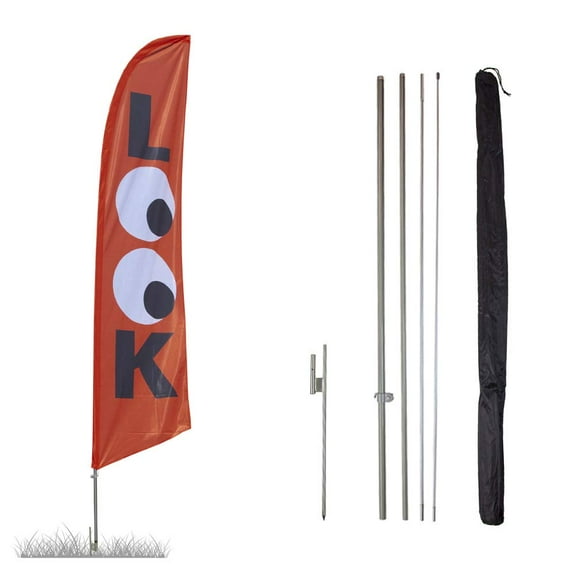 Look Feather Flag Kit - 13.5ft Knitted Polyester Swooper Flag with Pole Set and Ground Spike - Printed in The USA