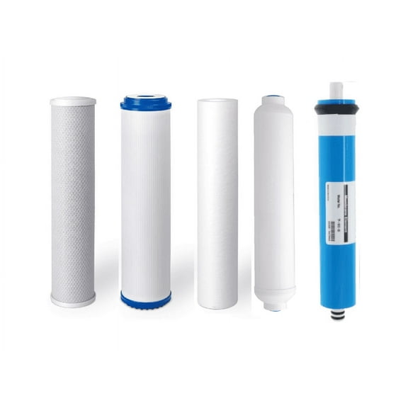 Universal 5 Stage Reverse Osmosis Replacement Filter Set with 75 GPD Membrane, USA (2.5" x 9.75")