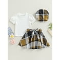 thumbnail image 2 of Bagilaanoe 3Pcs Little Girls Skirt Set Short Sleeve T-shirt Tops + Plaid Skirt + Hat 3T 4T 5T 6T 7T Kids Casual Outfits, 2 of 8