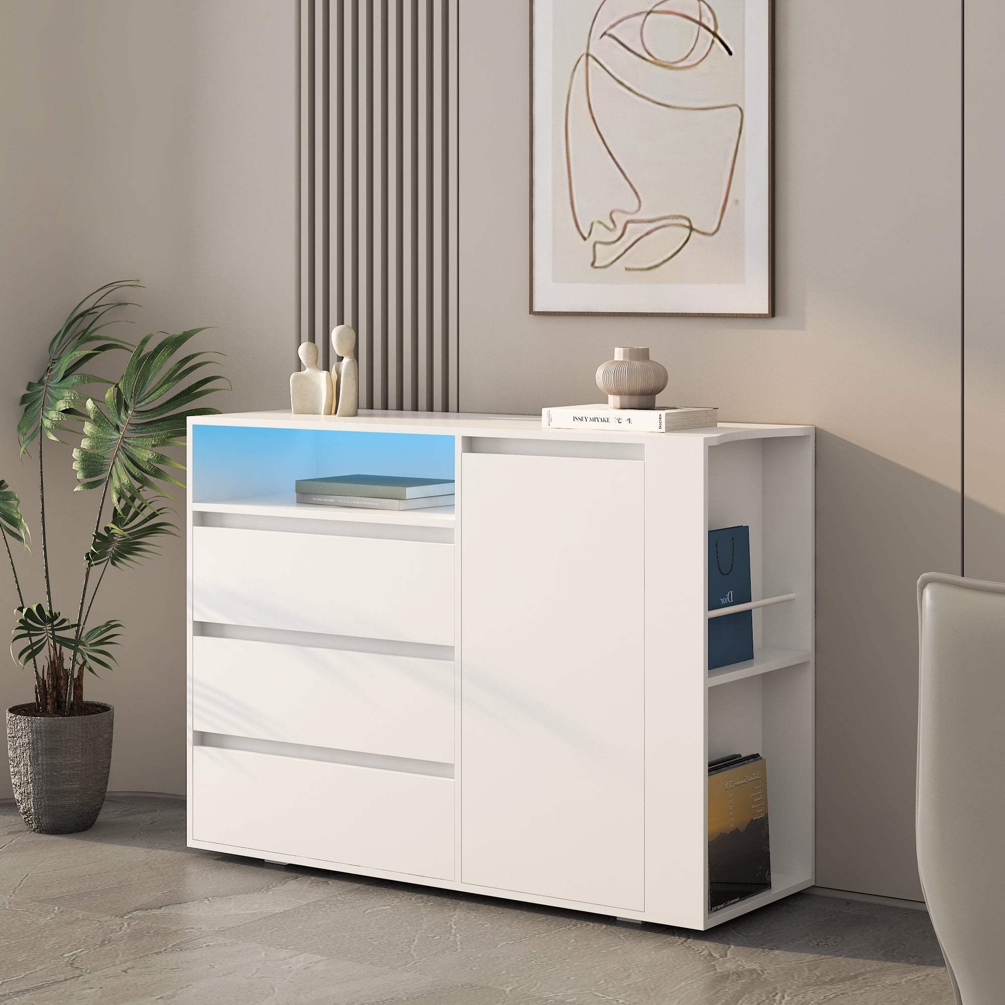 Kadyn Storage Cabinets with LEDs, 3 Drawer Sofa Side Cabinet, Chest of Drawers with Door, White Kadyn Storage Cabinets with LEDs, 3 Drawer Sofa Side Cabinet, Chest of Drawers with Door, White