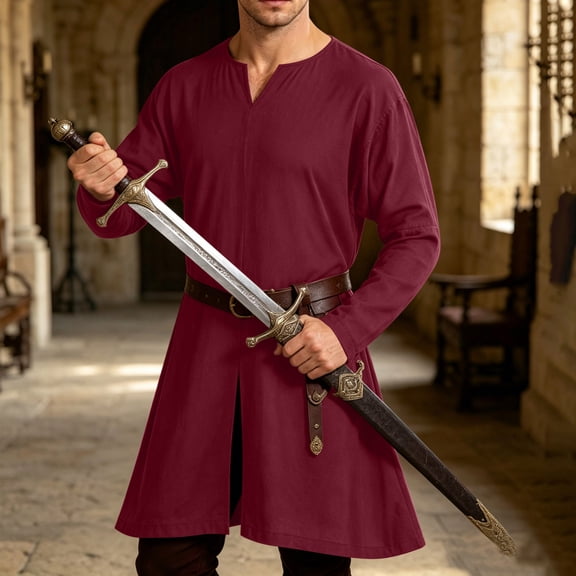 Yaoyar Men's Washed Cotton Medieval V Neck Long Sleeve Tunic, Renaissance Style Shirt for Halloween Costume Role Play