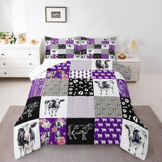 Milk Cow Queen Comforter Set Farm Animals Bedding Set,Western Cowboy Bull Cattle Bed Set Rustic Flowers Duvet Set,Purple Patchwork Buffalo Plaid Farmhouse Decor