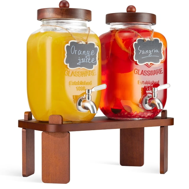Dispensador de bebidas FavorFlavor, 2 vasos, 3,78 L con soporte de madera