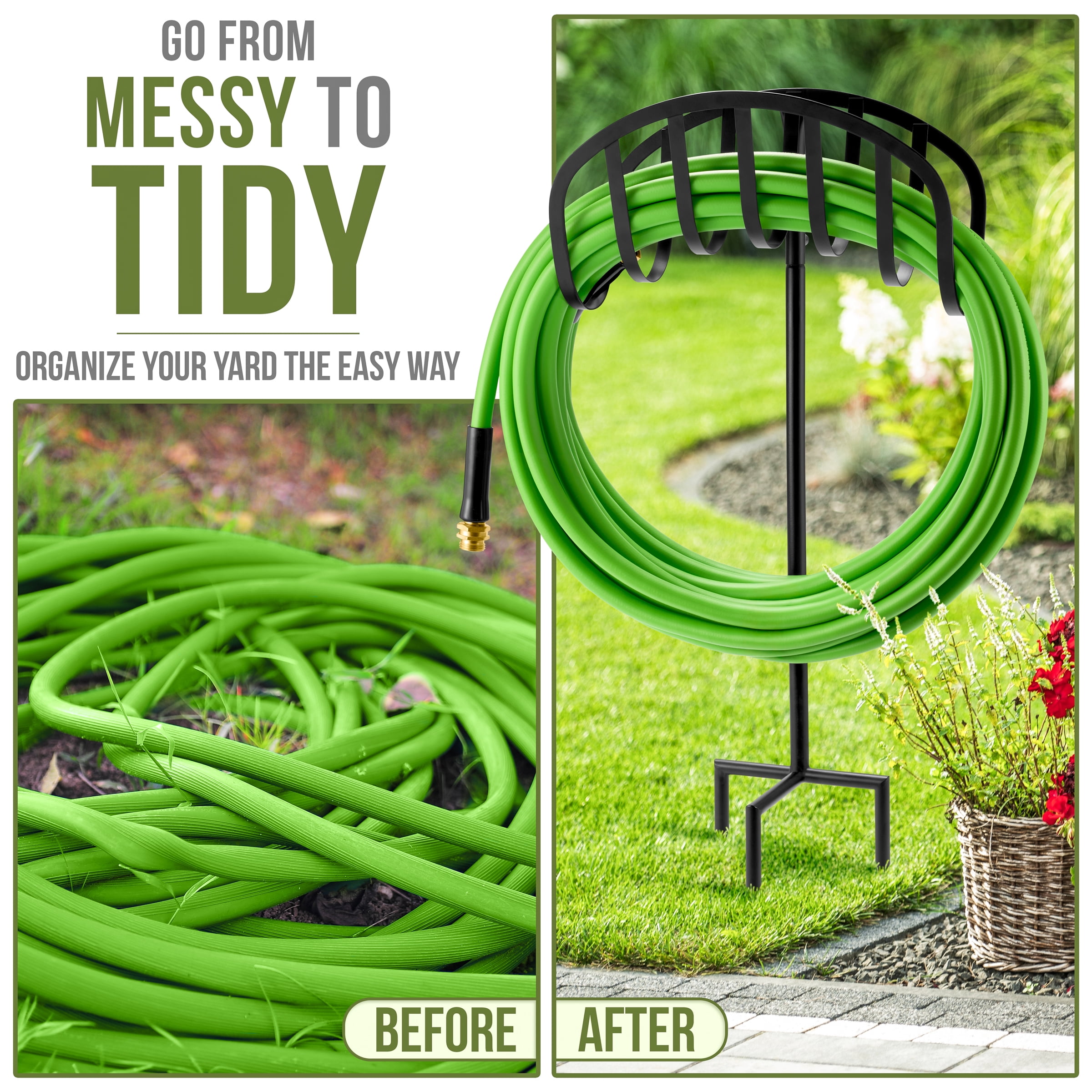 Sorbus Garden Water Hose Holder Stand with Ground Stakes, Holds 125 ft 5/8 in Hose, Black