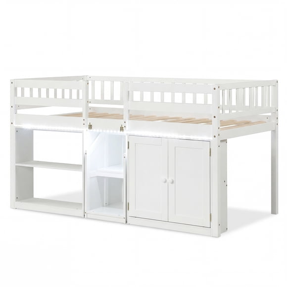 Costway Lit Mezzanine Bas avec Lumière DEL, Escaliers et Garde-Corps, Lit Simple Moderne en Bois pour Enfants Blanc