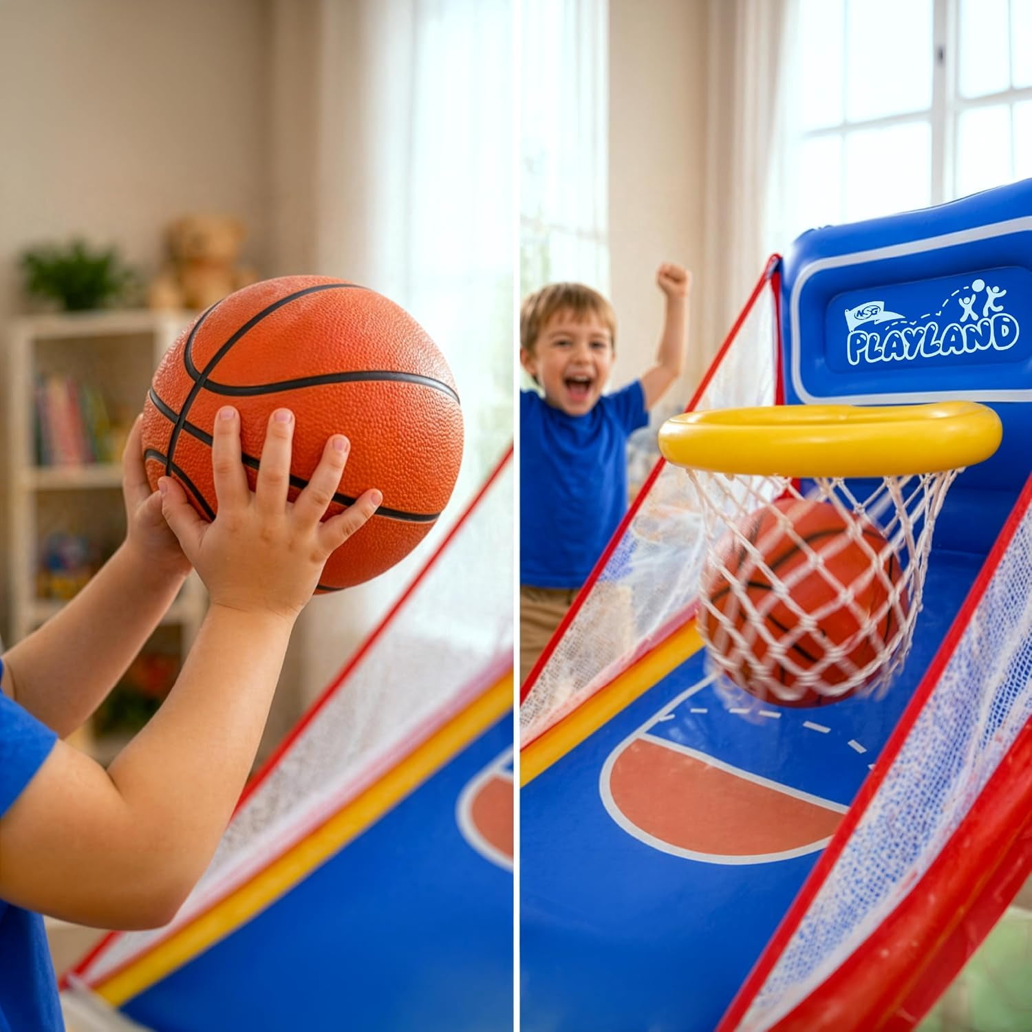 NSG PlayLand Shoot 'N' Score Inflatable Basketball Game for Kids Ages 3+ | Indoor & Outdoor Arcade Basketball Set with Hoop, 3 Balls & Pumps | Family Party Sports Toy