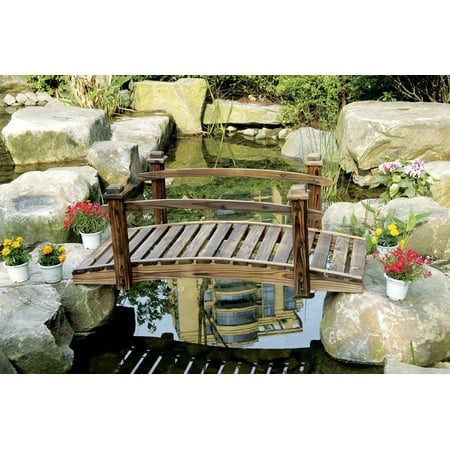 Curved Rail Garden Bridge - Rustic Wood Garden Bridge with Posts and Wooden Hand Rails