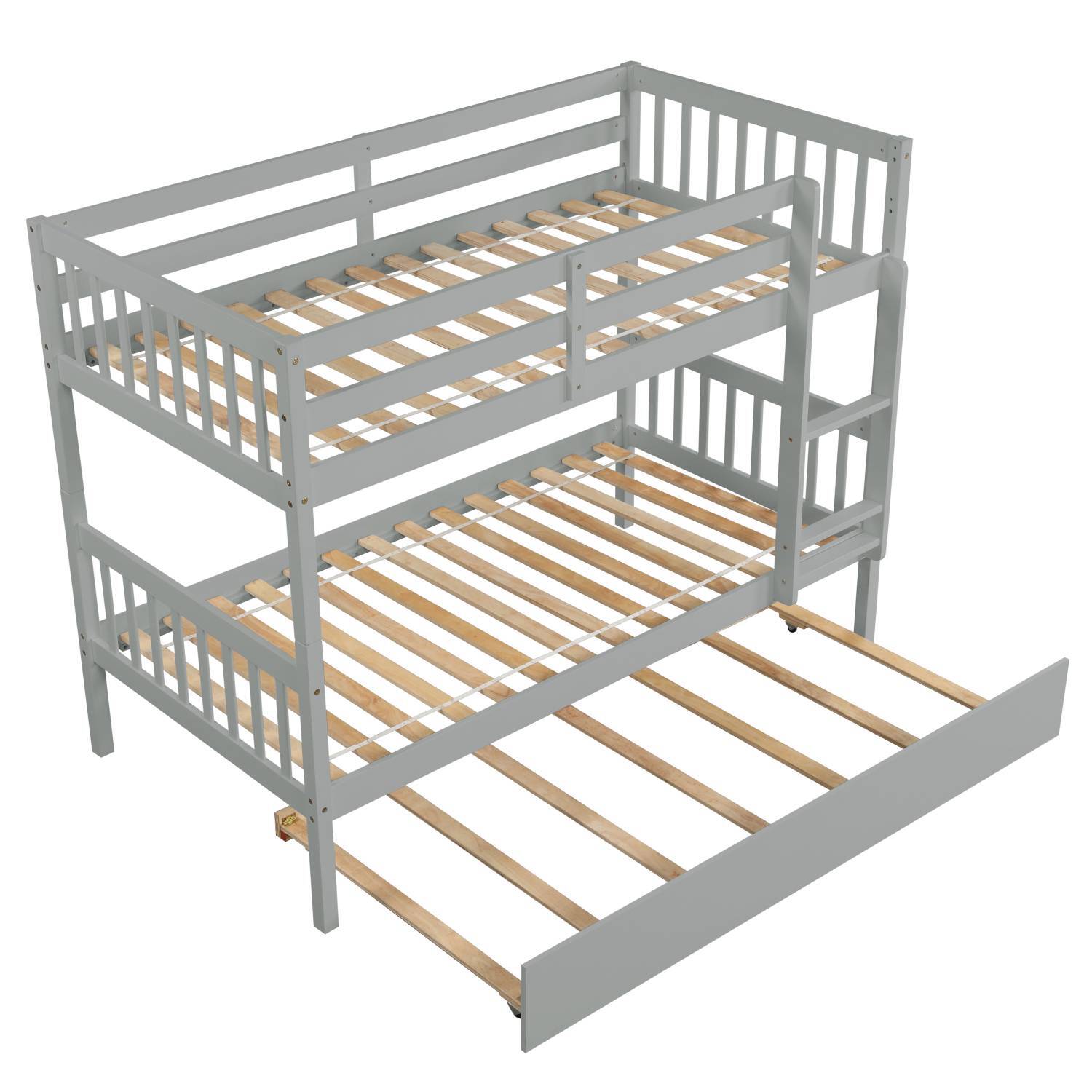 Twin Over Twin Bunk Bed with Trundle, Solid Pine Wood Bed Frame with Safety Rail and Ladder for Kids/Teens Bedroom, Convertible Bunk Bed for 3 People, No Box Spring Needed, Gray