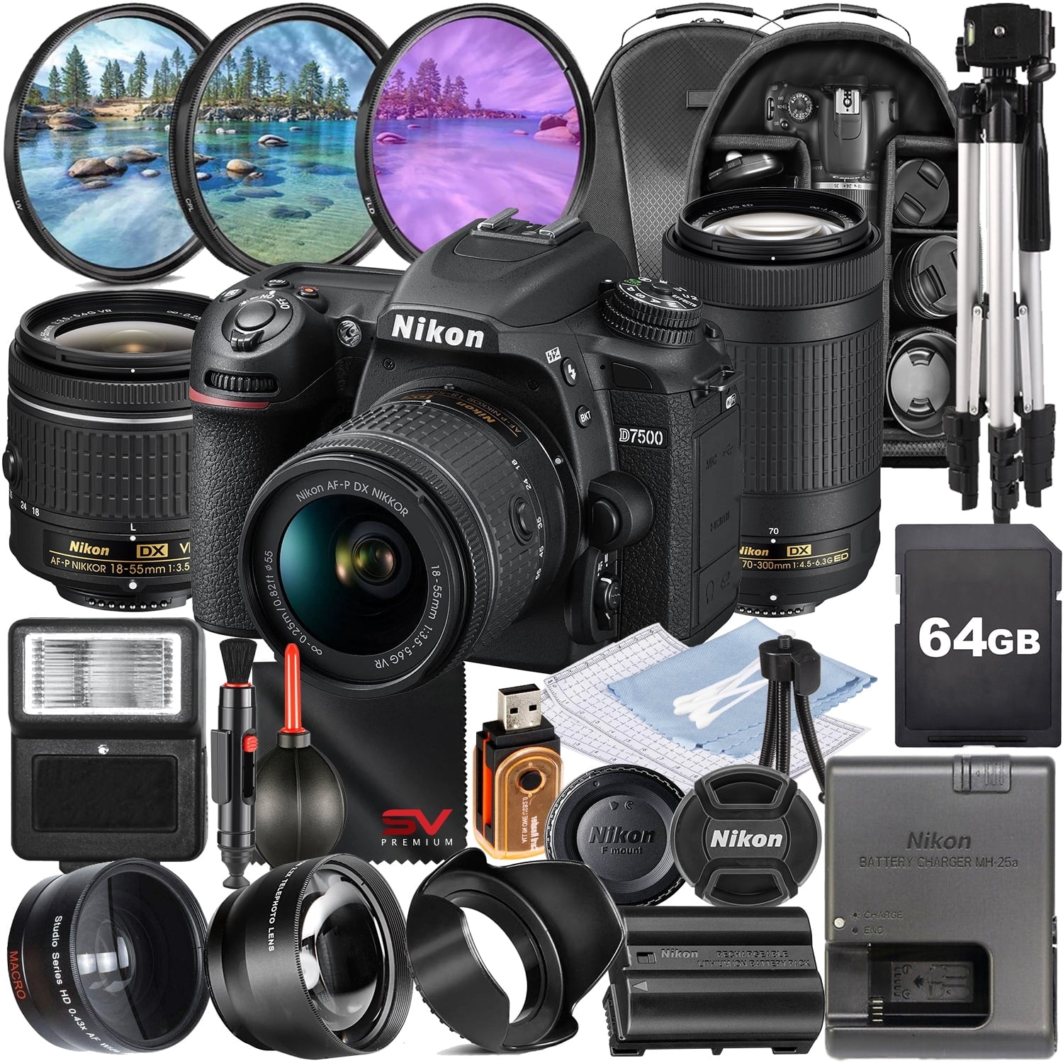 Nikon D7500 DSLR, 18-55mm & 70-300mm Lens, 2x 128GB Cards, Tripod