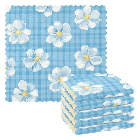

6 Pieces Thickened Double Polyester Fleece Kitchen Towel - 28x28cm Strongly Absorb Water & Oil Stain Removal，Blue Gingham Flowers