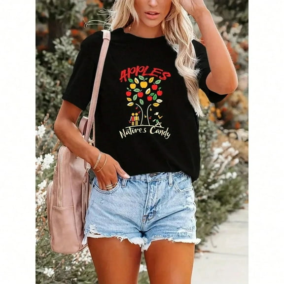 Velto Women's Apple Print T-shirt Short Sleeved, Soft And Breathable Top All Size S-5XL
