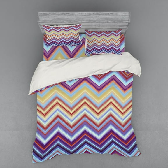Ambesonne Colorful Bedding Set 4 Pcs, Chevron Small Strikes, Queen, Purple Khaki Blue