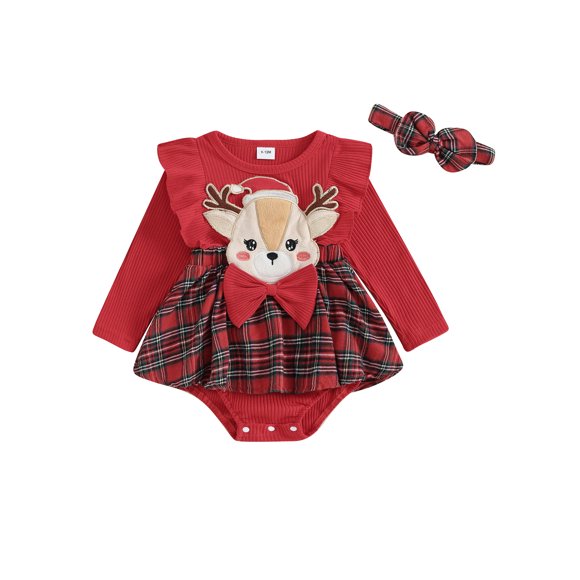 Gupgi Infant Girl Christmas Plaid Romper Dress Baby Winter Long Sleeve Ruffles Jumpsuit with Bow Headband 0-18 Months