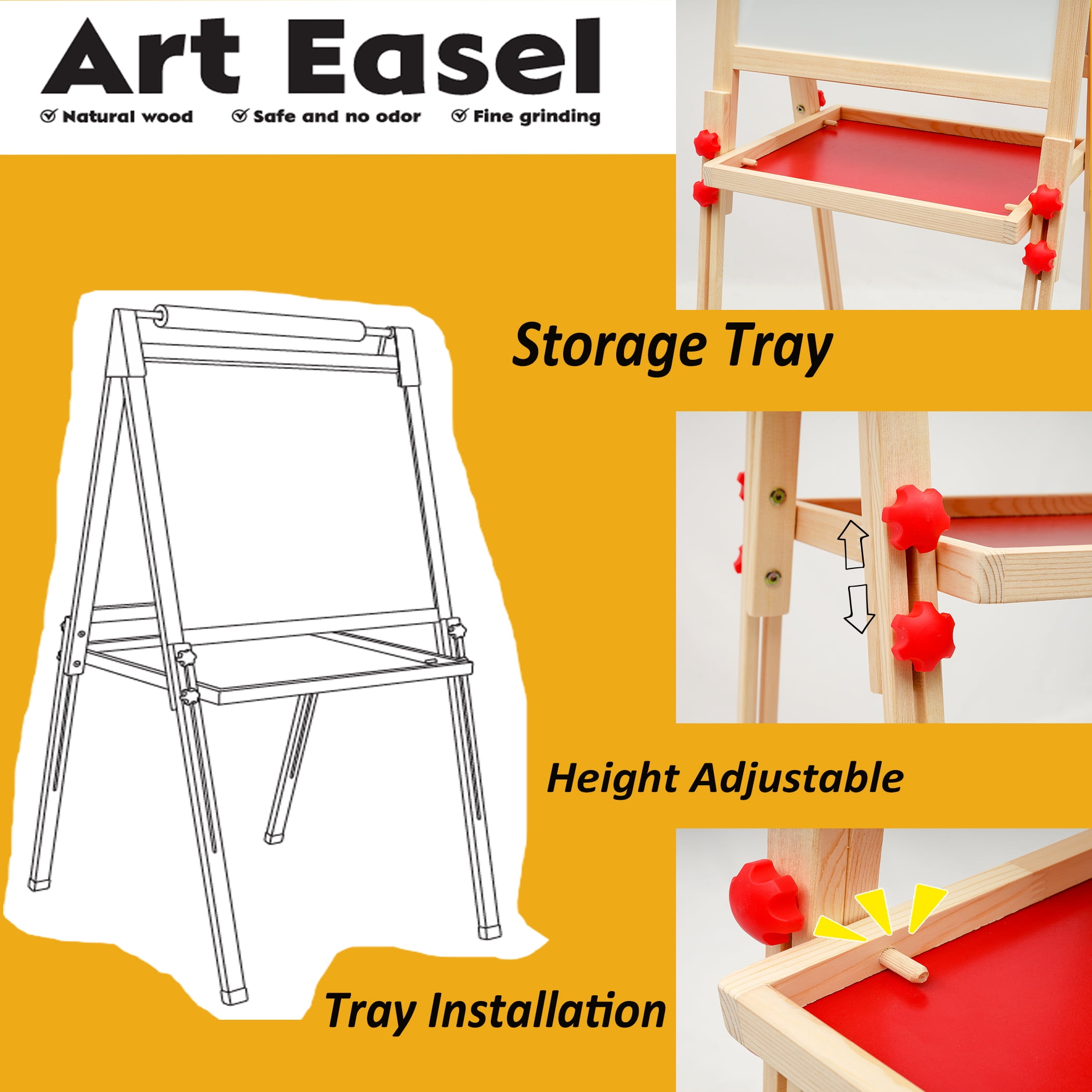 Ealing Kids Easel with Paper Roll,Double-Sided Adjustable Wooden Standing Easel for Toddler Ages 3+Boys, Girls