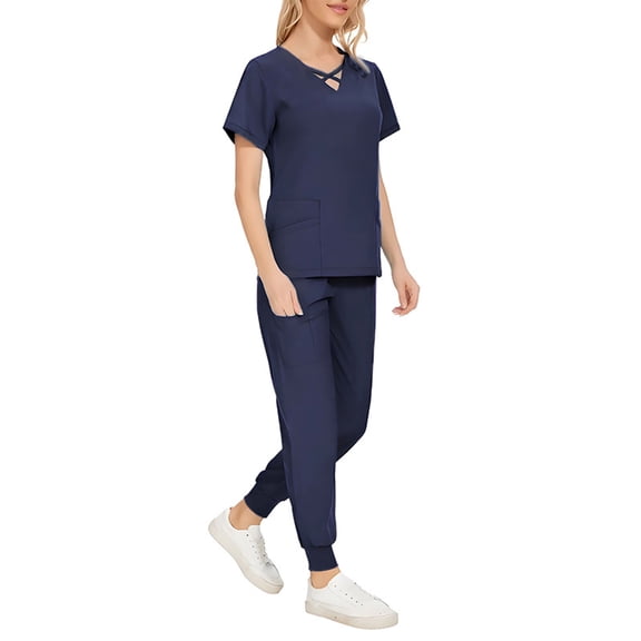 Scrubs for Women Set Solid Medical Uniform Stretch V-Neck Scrub Top & Jogger Pant with Pockets Blue M