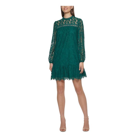 KENSIE DRESSES Womens Green Lace Drop Waist Keyhole Back Lined Long Sleeve Round Neck Above The Knee Party Shift Dress 10