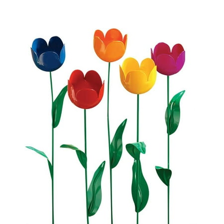 Miles Kimball Fox Valley Traders Varying Colors Set of 5 Artificial Tulips with Green Stems, 19.5” H – 2.25” Diameter Flower Head – Durable Weather Resistant Metal Construction for Year-Round Display