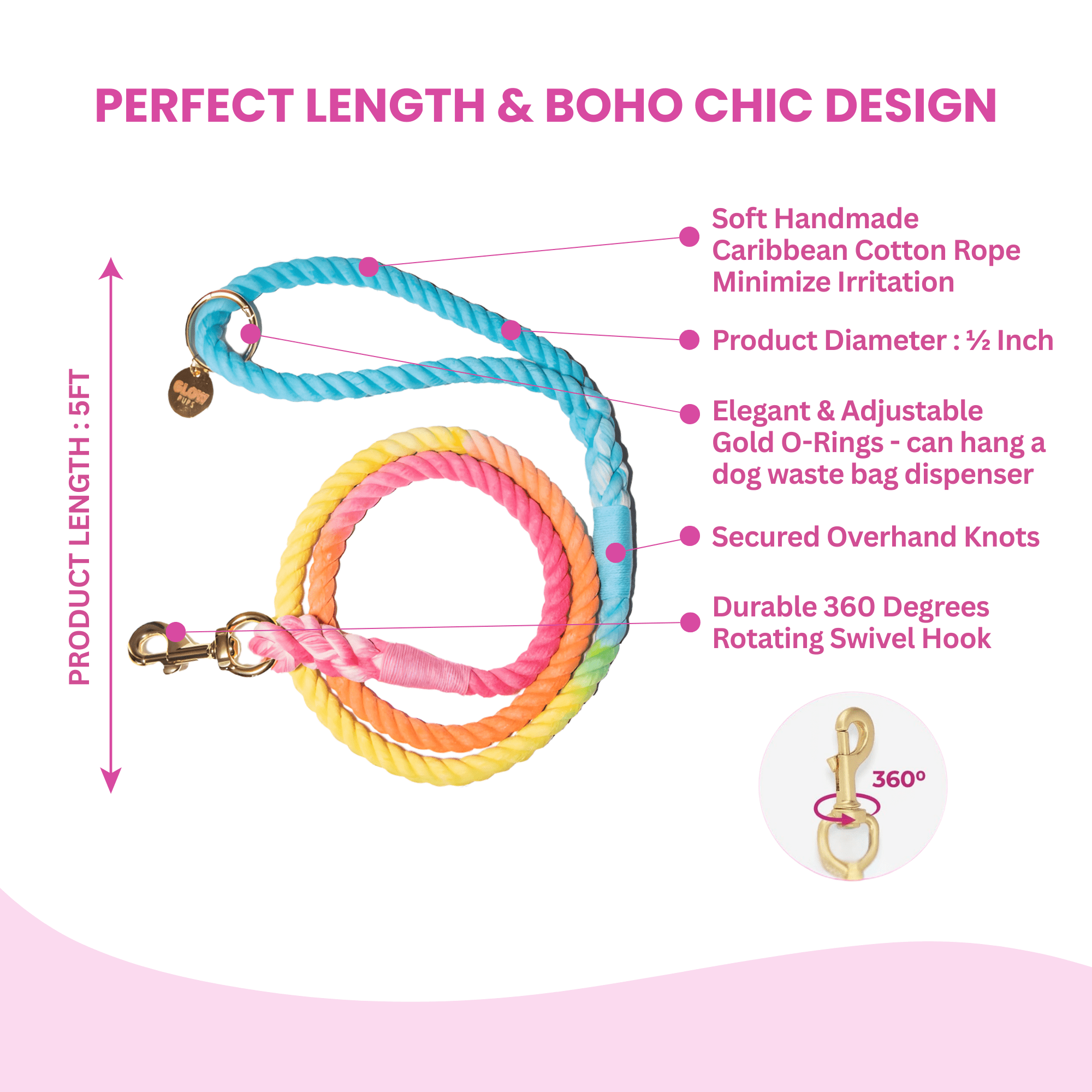 Glow Pups Dog Leash 5 Foot Cotton Rainbow Adjustable Dog Standard Leash, Rainbow Ombre