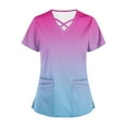 thumbnail image 5 of QATAINLAV Womens Scrubs Gradient Print Short Sleeve Nursing Scrub Tops Criss Cross V Neck T-Shirts Stretch Nurse Uniform Pocket Tee Nurse Gifts Hot Pink S, 5 of 6