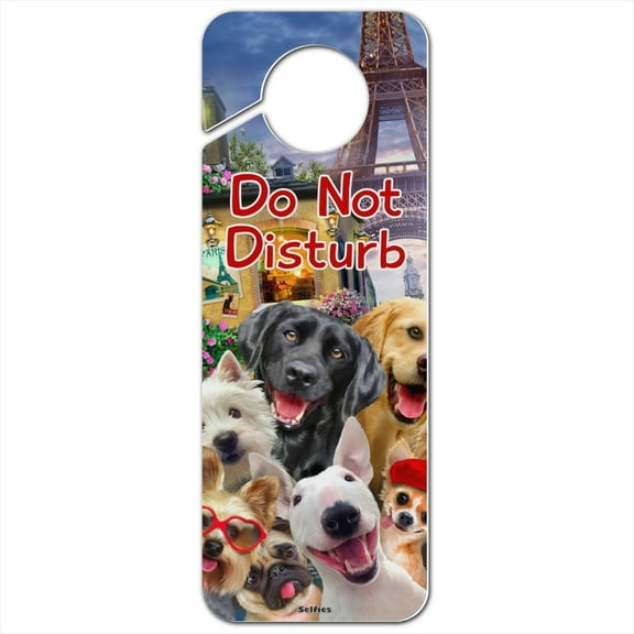 Old Paris Eiffel Tower Dogs Selfie Plastic Door Knob Hanger Sign