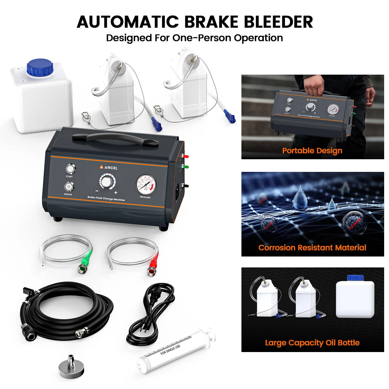ANCEL Car Brake Fluid Bleeder, Electric Brake Fluid Oil Exchange Pressure Pump, Auto Vacuum Adjustable Pressure Pump Bleeding Machine Kit with Low Fluid Protection & External Fuse
