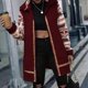 thumbnail image 2 of Chaqueta de forro polar borroso para mujer, estampado de bloques de color, manga larga, cuello vuelto, abrigo con cremallera, prendas de vestir con bolsillo, color rojo azufaifo XL, 2 of 4