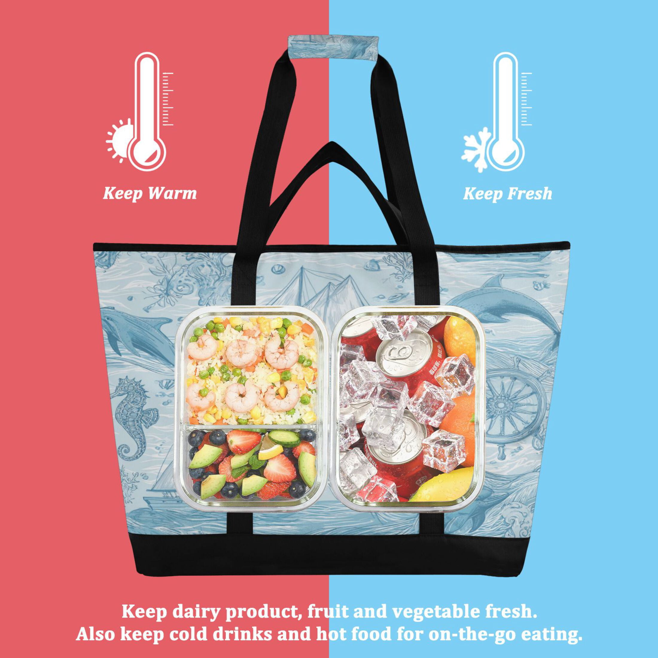 Extra-Large Wide Opening Design Capacity Hand-Held Ice Pack Thickened Insulation Layer For Long-Lasting Cold Retention For Outdoor Shopping Picnics And Camping Light Blue Dolphins Nautical Pattern