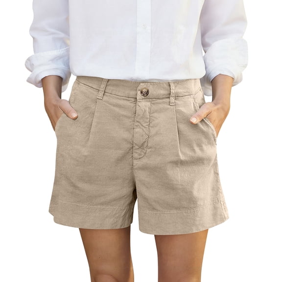 Women's Pleated Cotton Linen Shorts, High Rise Casual Summer Shorts with Rear Pockets, Soft Breathable Tailored Bottoms