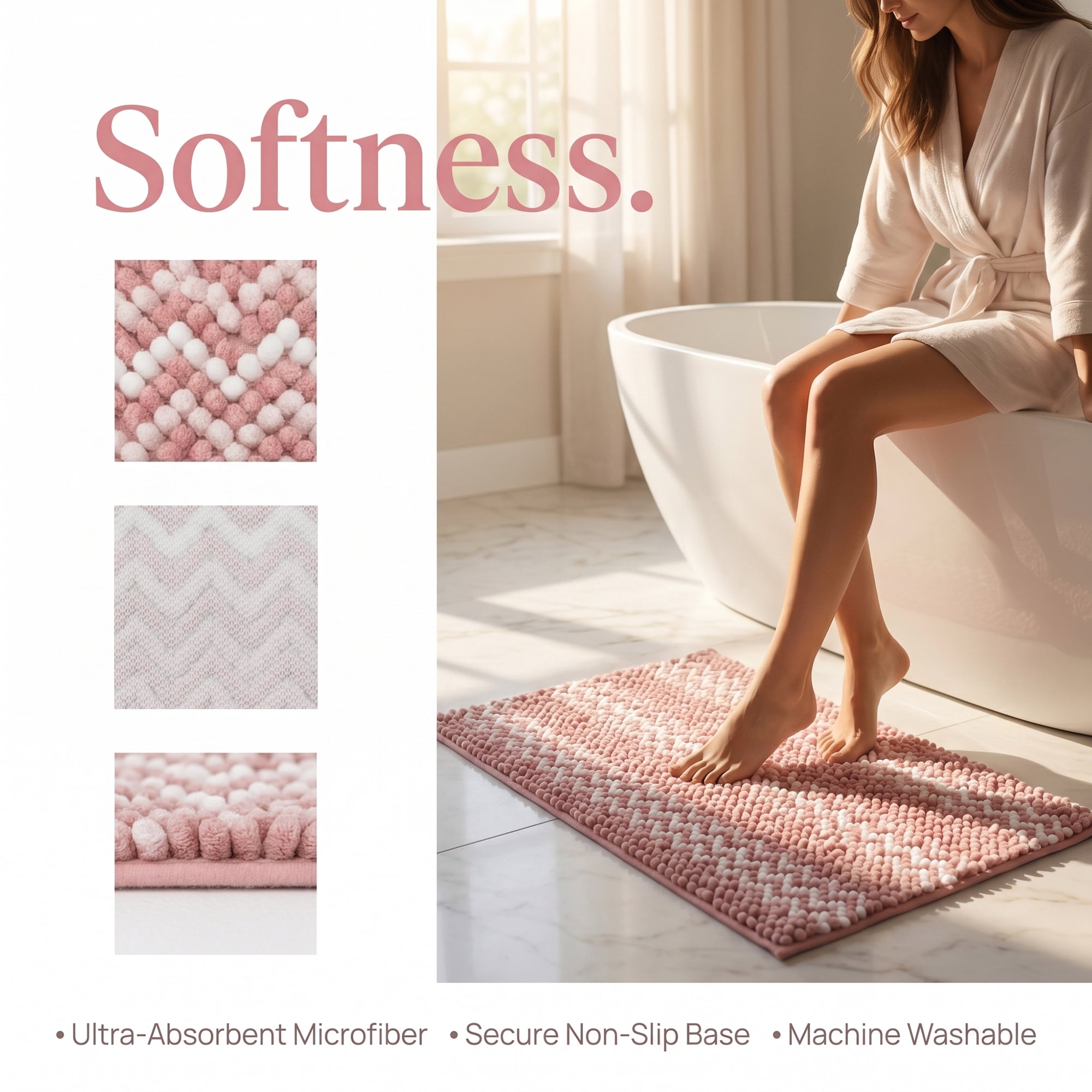 Unique Bargains Ultra Soft Non Slip Machine Washable Chenille Bath Mat Pink 32" x 20"