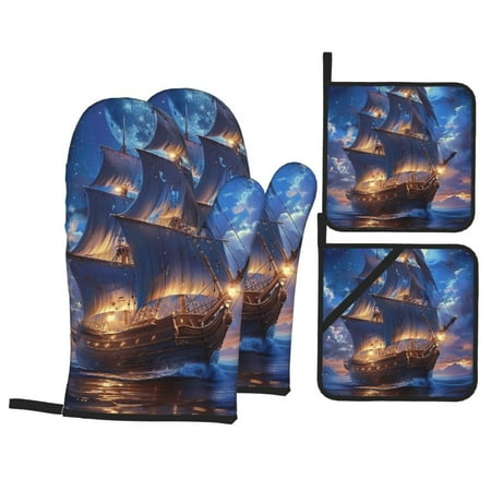 

Night close-up Oven mitts and potholders 4-piece set heat resistant rugged suitable for kitchen cooking grilling and more.
