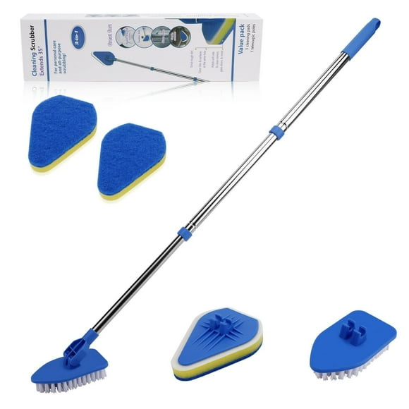 Number-one Floor Scrub Brush with Long Handle 35", Shower Cleaning Brush Telescopic Scrubber Brush Kit, Scrubber with 1 Stiff Bristles & 3 Sponge Brush for Cleaning Tile Shower Bathroom Tub
