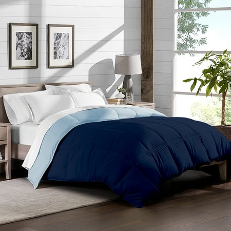 Ultra-Soft Premium 1800 Series Goose Down Alternative Reversible Comforter - Hypoallergenic - All Season - Plush Fiberfill (Full/Queen, Dark Blue/Light Blue)