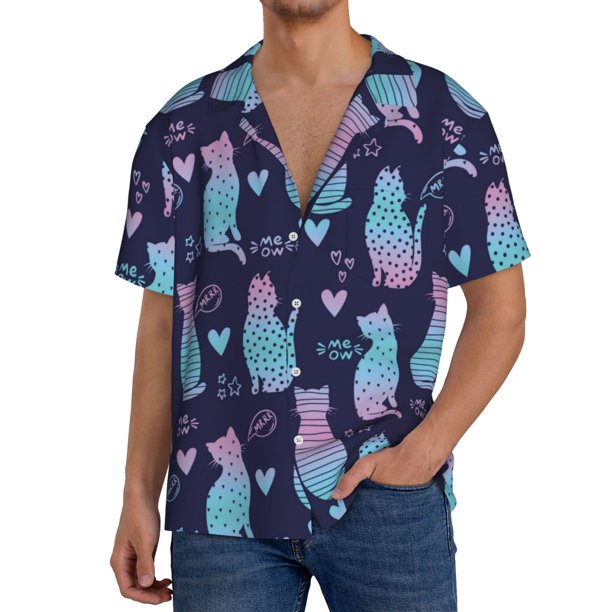 Balery Silhouette Cats Camisa Casual de Manga Corta con Botones para Hombre, Texturizada, Estilo Cubano, para Playa, Verano-XX-Large