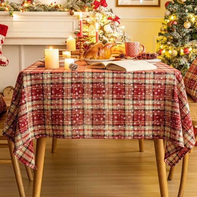 Red Tartan Plaid Snowflake Christmas Tablecloth, Winter Holiday Tablecloths for Rectangle Tables Parties Dining Farmhouse Kitchen Decor