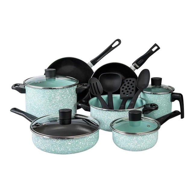 Batería de Cocina Cinsa Granito Jade 15 Piezas Blanco y Menta