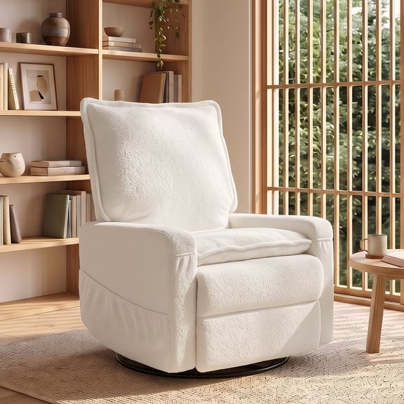 GASEE Baby Upholstered Glider Recliner Rocking Chair 360° Swivel for Nursery and Living Room – Teddy Fleece White