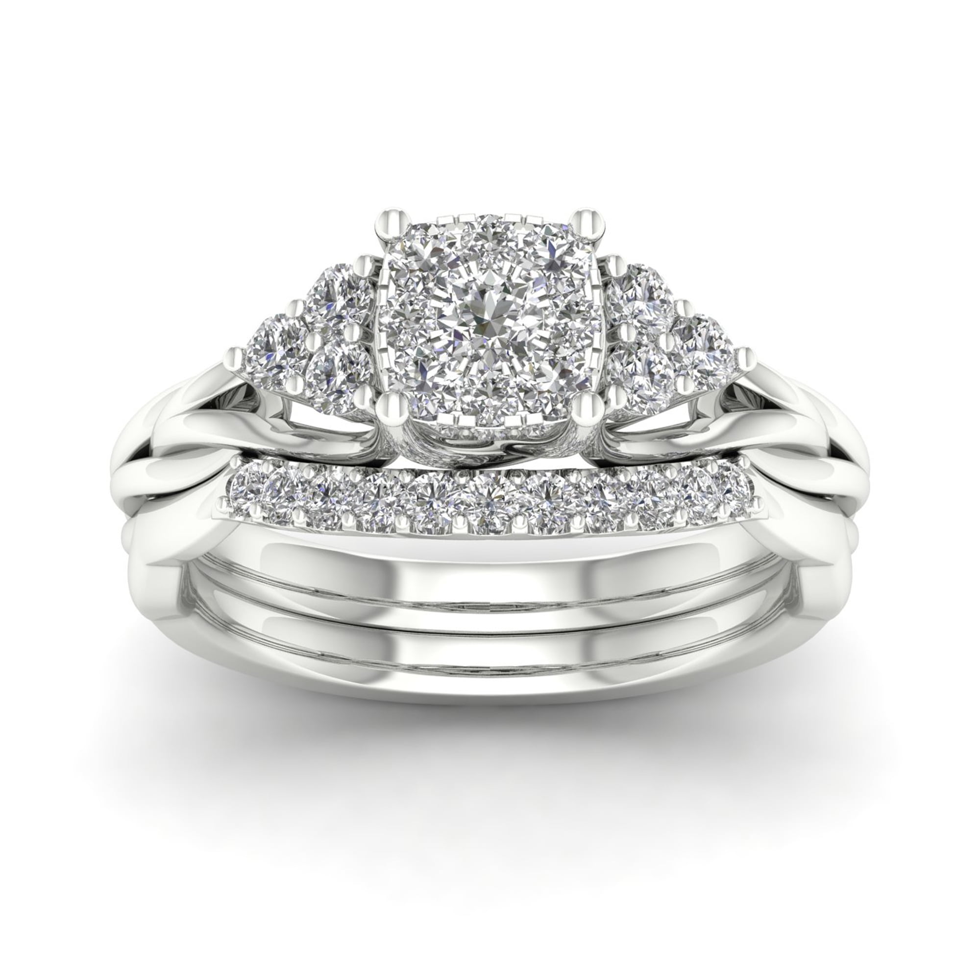 5/8Ct TDW Diamond 10K White Gold Cluster Bridal Ring Set