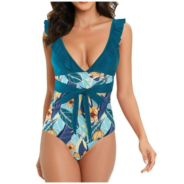 Women‘s One Piece Swimsuits Ruffled Deep V Neck Monokini Bathing Suits Tummy Control Tie Front Swimwear