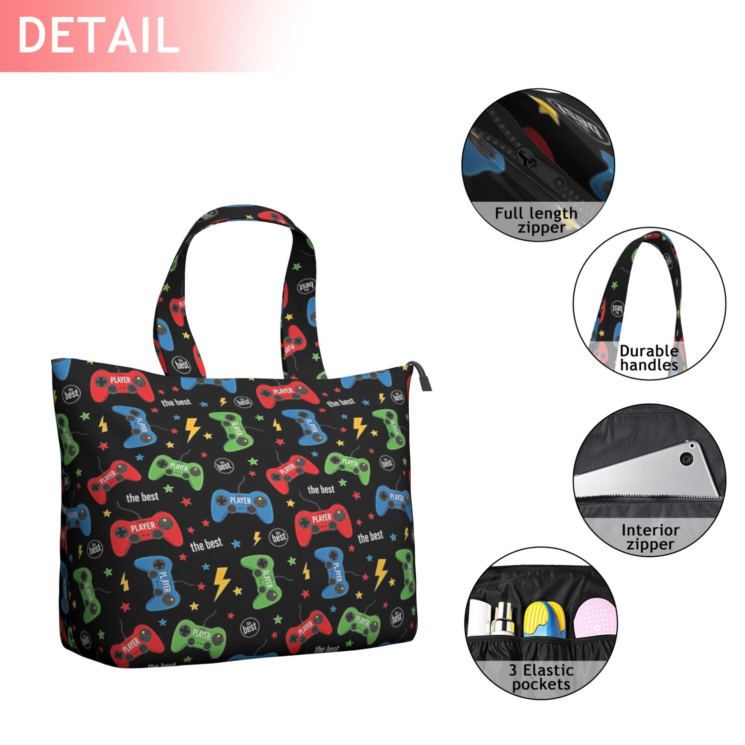 Colorful Controllers Games Black Pattern Travel Tote Bags for Women Carry On,Large Weekender Bags for Women Travel,Multi Functional Duffle Bag for Work,Shopping,Sports