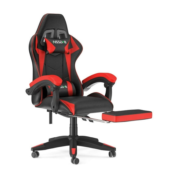 Bigzzia Gaming Chair with Footrest, Ergonomic Game Chair with Lumbar Support & Headrest, Height Adjustable with 360°Swivel Wheels, Red