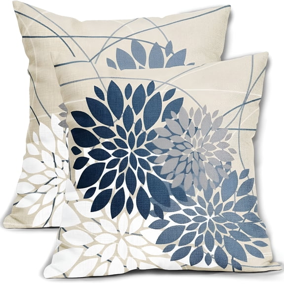 ACDANC Dark Light Blue Pillow Covers 18x18 Dahlia Flower White Gray Elegant Colored Throw Pillows Farmhouse Outdoor Decor for Home Living Room Sofa Bed Modern Floral Linen Square Cushion Case