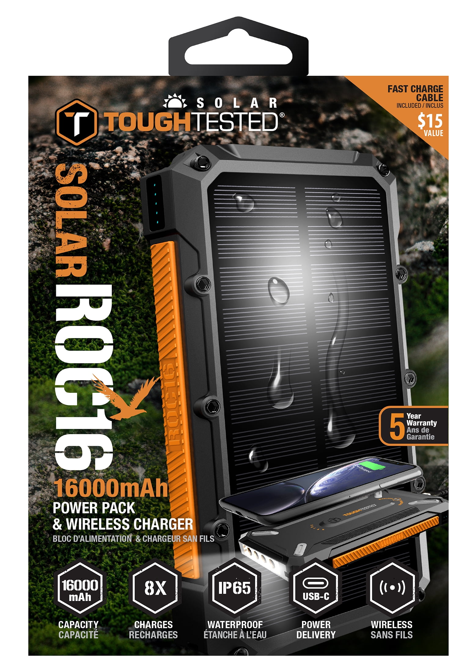 ToughTested ROC16 16,000mAh Solar Power Bank, Wireless Charging, USB-C PD, Rugged Waterproof Charger