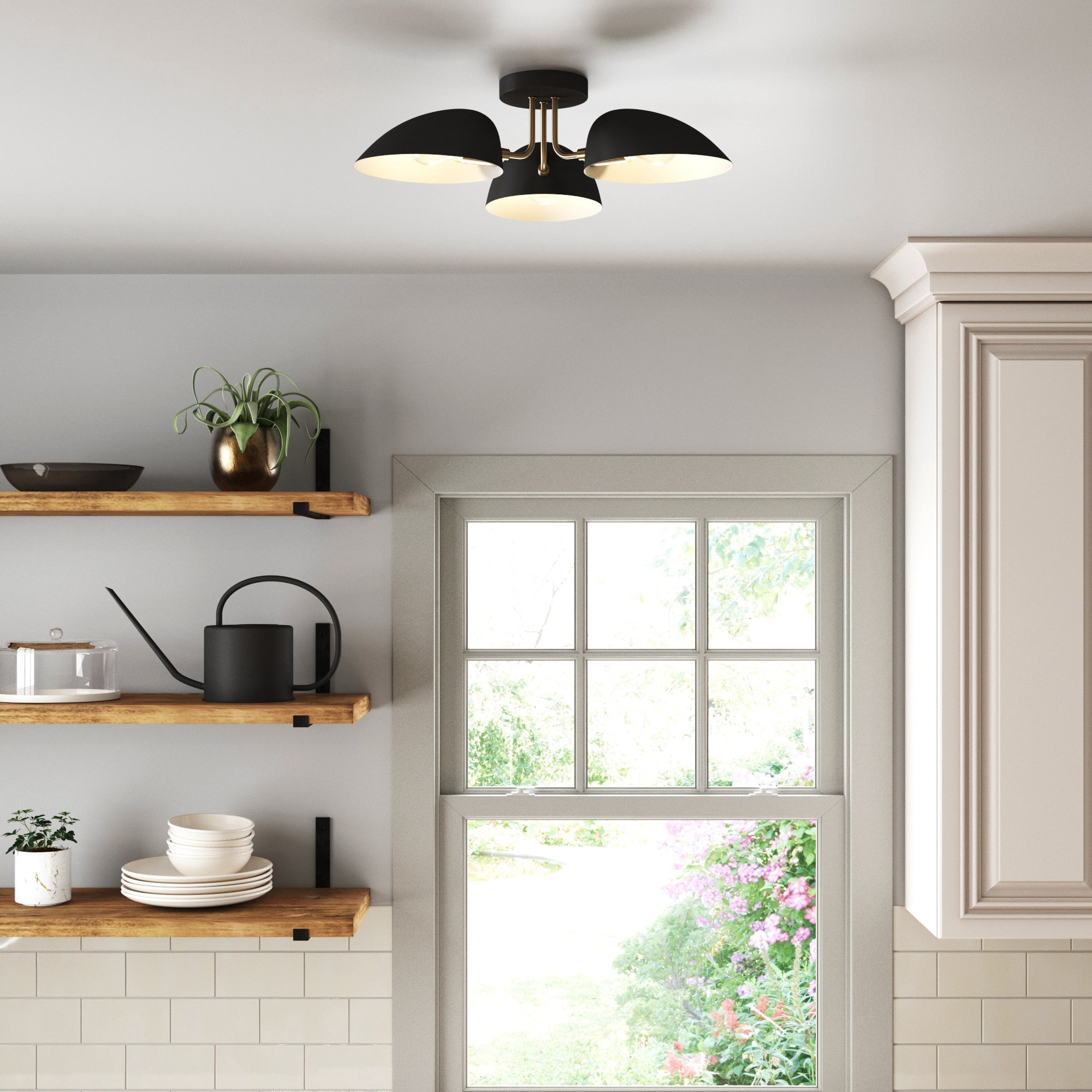 Nathan James Argo Semi Flush Ceiling Mount 3-Light Fixture with Retro Black Rounded Shade for Hallway, Kitchen or Bedroom