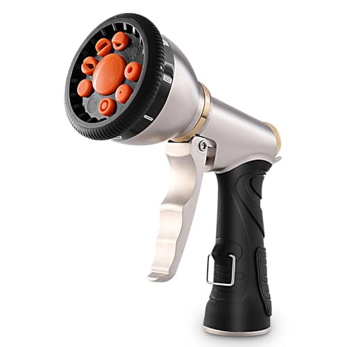 Garden Hose Nozzle with 9 Adjustable Spray Patterns,100% Metal Heavy Duty Water Hose Nozzle,High Pressure Hand Hose Sprayer with Soft Rubber Grip for Watering Plants & Lawns