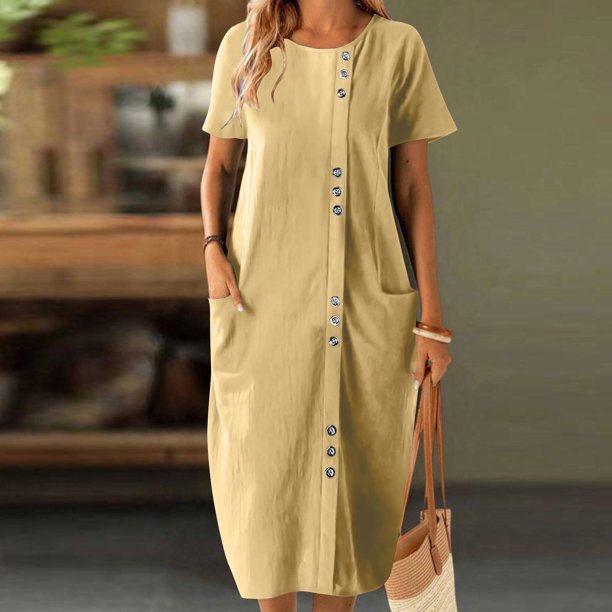 mfyjkho Vestidos para mujer, Vestidos casuales de verano para mujer, con cuello redondo, manga corta y bolsillos Vestidos maxi para mujer xl