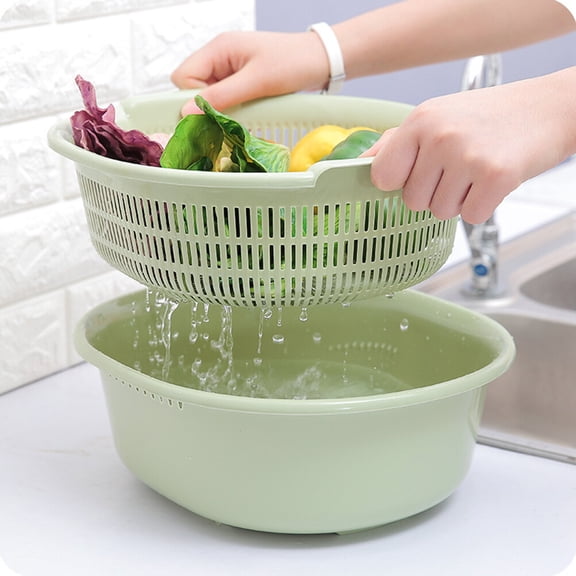 ETEREAUTY Green Plastic Vegetable Bowl with Removable Strainer, Design for Easy Washing and Draining