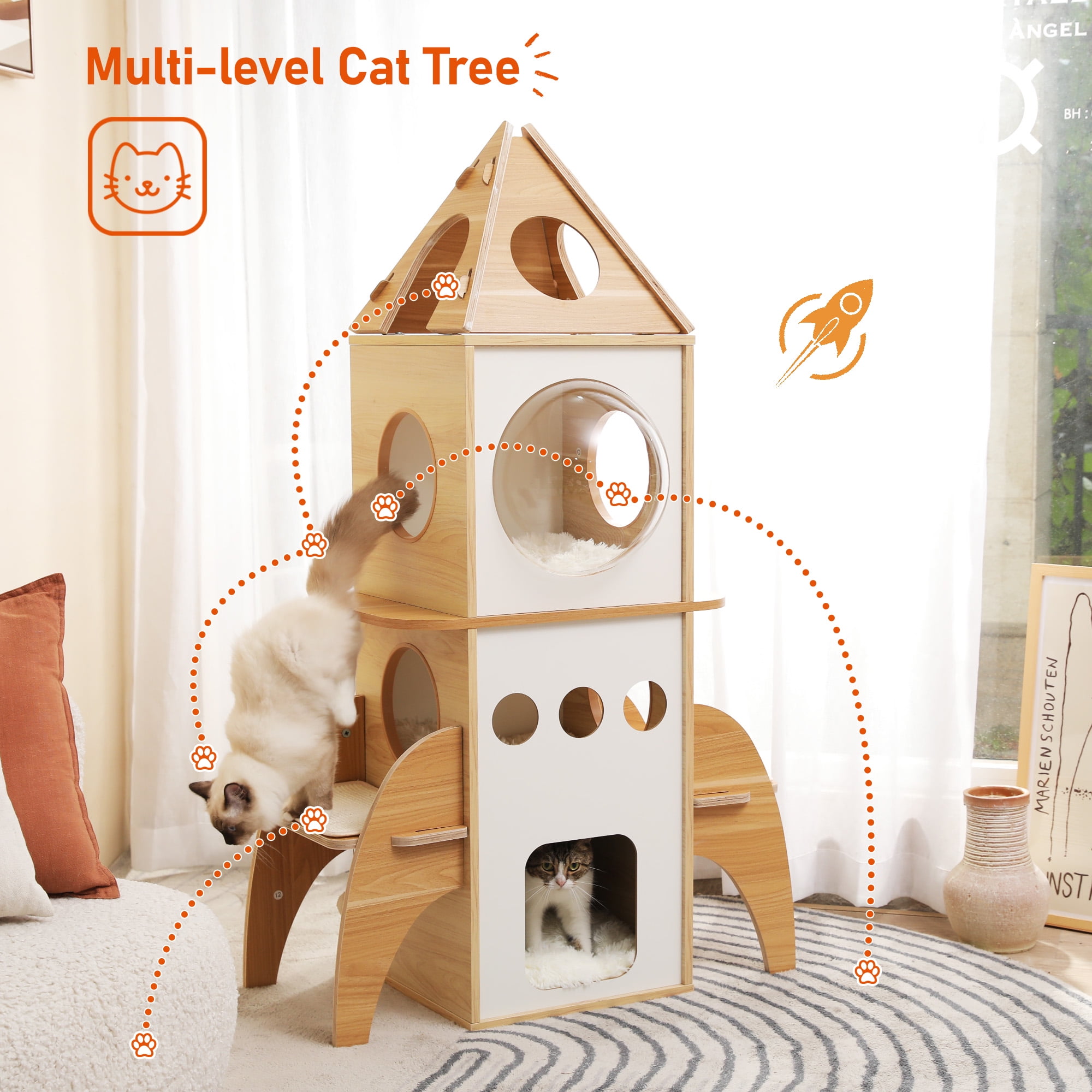 Kadyn 54" Multi-Level Cat Tower for Indoor, Cat Tree Rocket Shape Condo for Multiple Cats with 3 Condos, Dangling Balls, Attic Perch, Beige