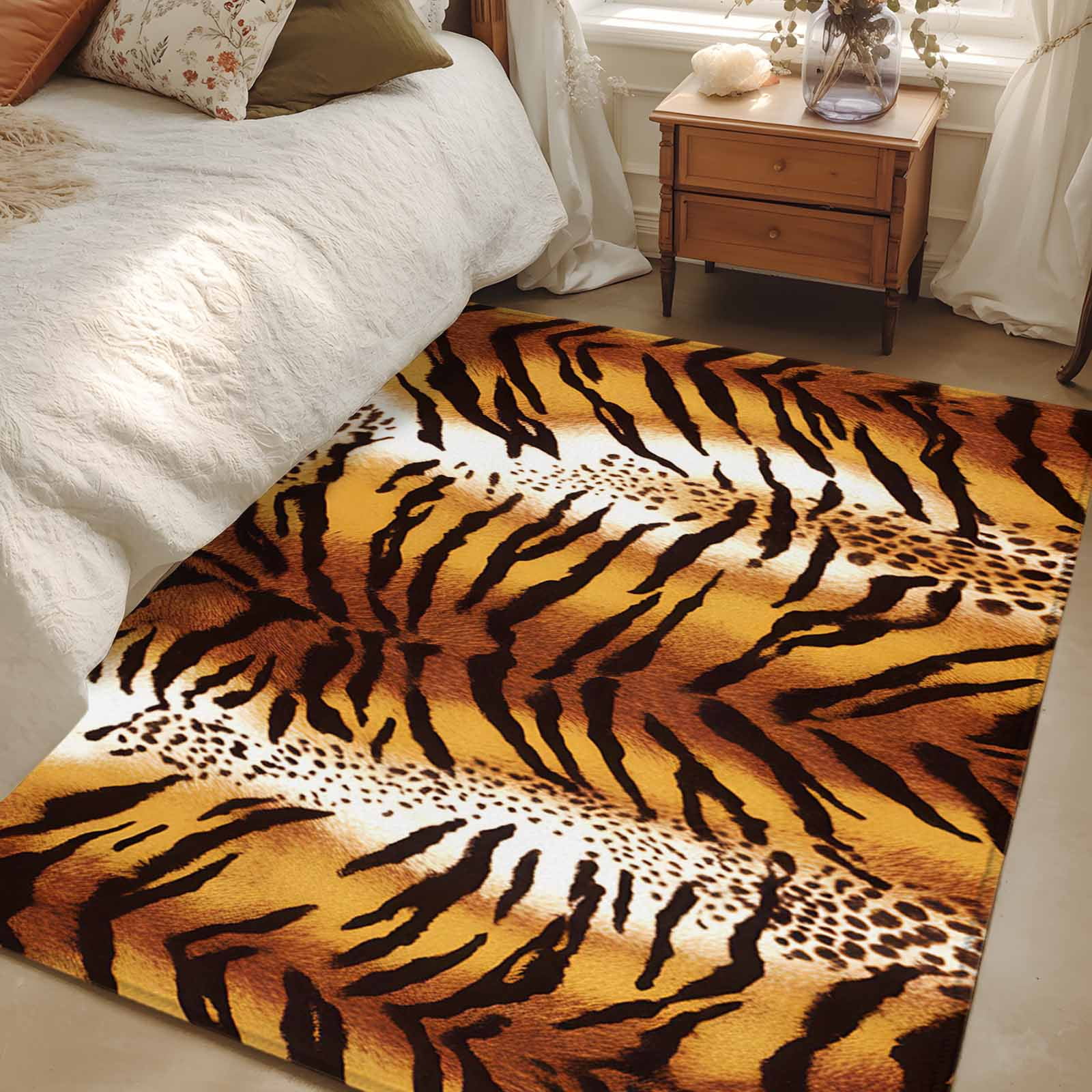Leopard Stripes Area Rugs 3'x5', Washable Small Throw Rugs for Living Room Bedroom, Farmhouse Brown Black Animals Texture Indoor Outdoor Rug Non-Slip Low Pile Carpet Runner Reversible Floor Mats